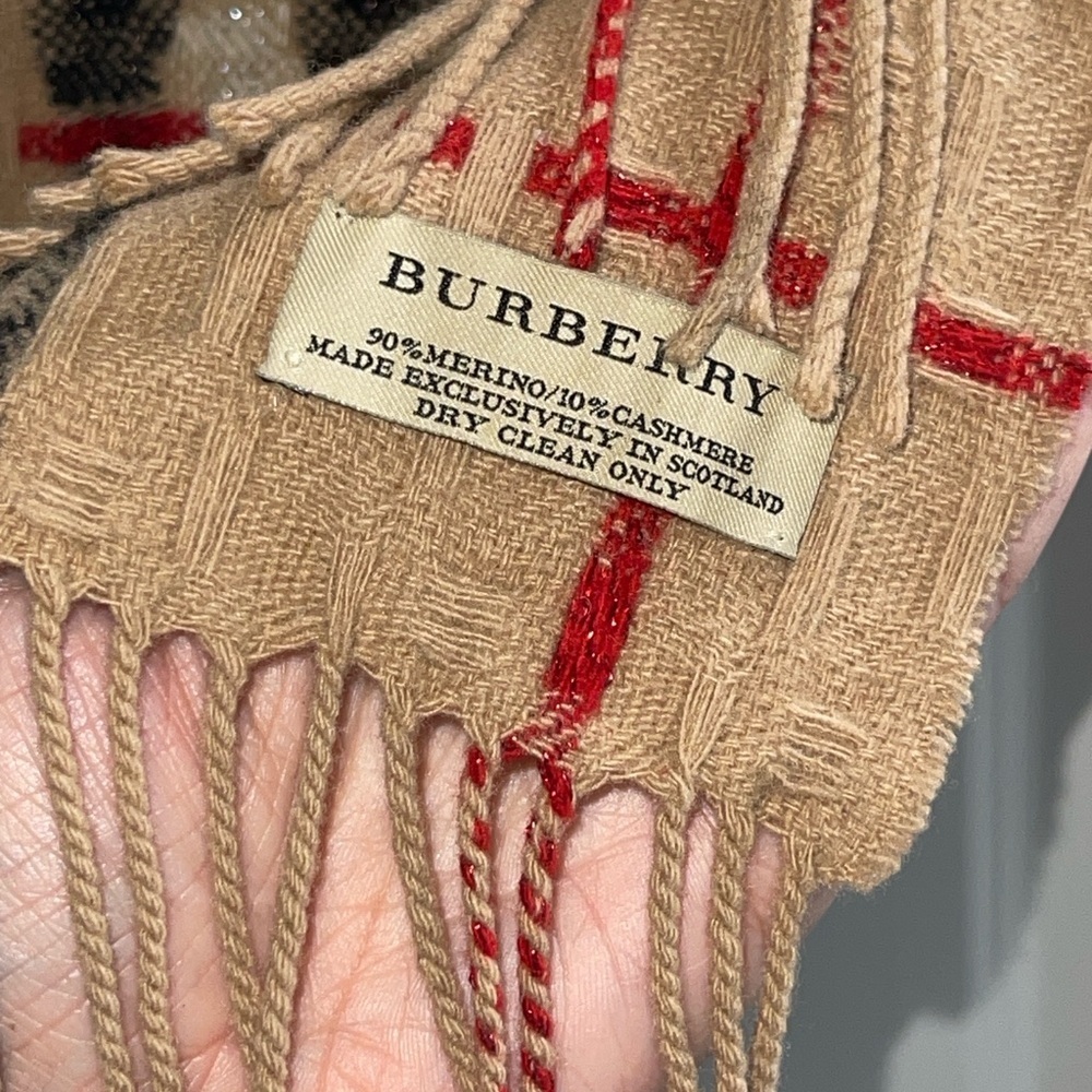 BURBERRY Glitter Tan Checkered Wool Scarf Woven Textured Fringe L: 56" x W: 14" - Picture 2 of 8
